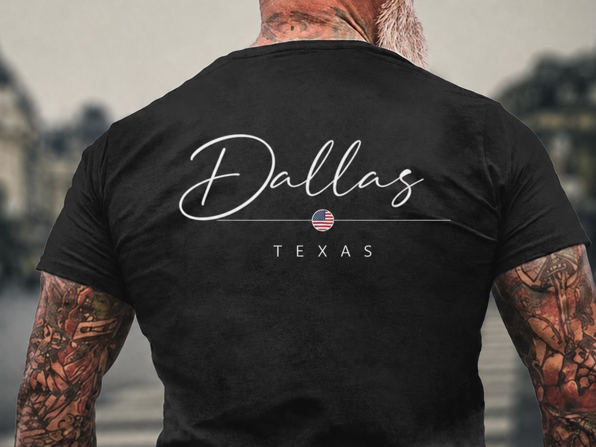 Dallas Texas script across the back of a tee