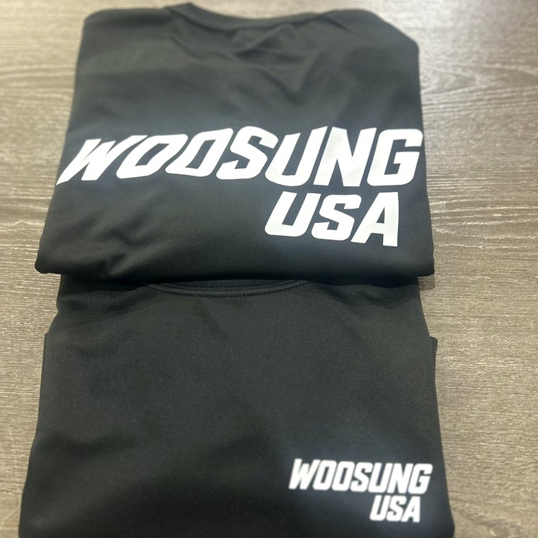 Graphite garments printed with a company name in full-color DTF